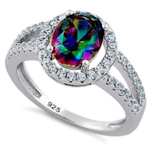 Rainbow Topaz Oval Halo CZ Ring